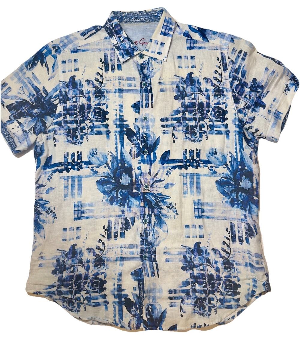 Robert Graham Mens Medium Blue Floral Abstract Short Sleeve Button Up